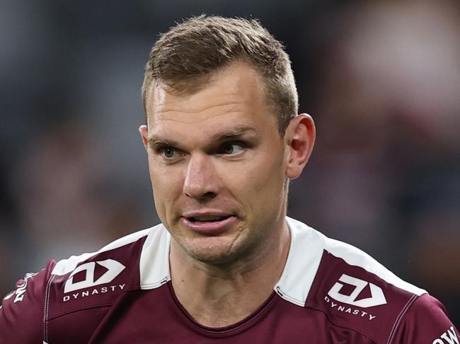 SYDNEY, AUSTRALIA - MAY 23: Tom Trbojevic of the Sea Eagles warms up ahead of the round 12 NRL match between Parramatta Eels and Manly Sea Eagles at CommBank Stadium on May 23, 2025 in Sydney, Australia. (Photo by Cameron Spencer/Getty Images)