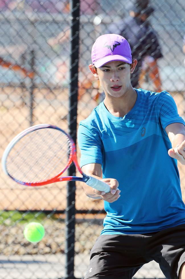 Action from the International Tennis Federation junior tournament at KDV on the Gold Coast. Picture: Tertius Pickard