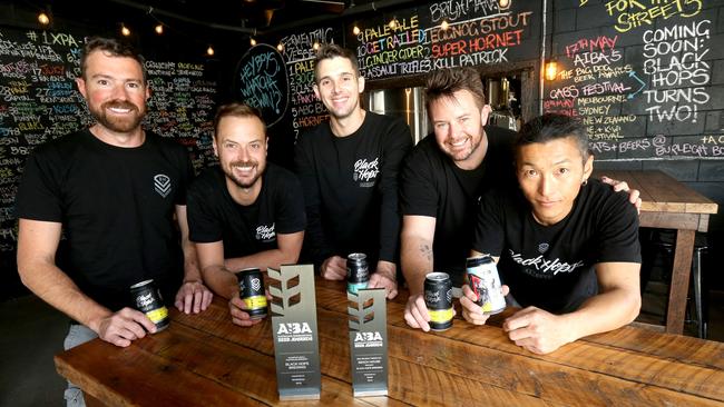 Black Hops Brewing at Burleigh Heads won Champion Small Australian Brewery award at the 2018 Australian International Beer Awards (AIBA). Partners and Brewers L-R Dan Norris, Eddie Oldfield, Curran McCarthy, Michael McGovern and Satoshi Tamura. Picture Mike Batterham