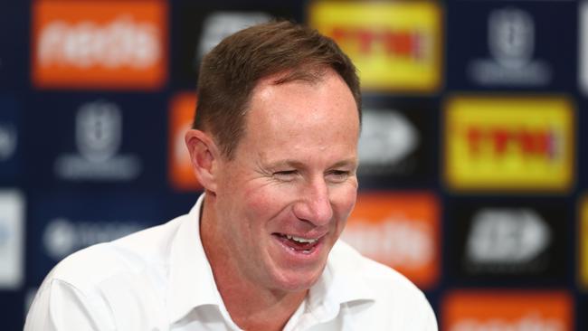 BRISBANE, AUSTRALIA - JUNE 07: : Justin Holbrook, coach of the Titans speaks to media after the round four NRL match between the Gold Coast Titans and the Wests Tigers at Suncorp Stadium on June 07, 2020 in Brisbane, Australia. (Photo by Chris Hyde/Getty Images)