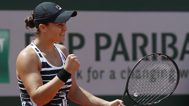 Ash Barty celebrates her quarter-final win over Madison Keys. Picture: AP