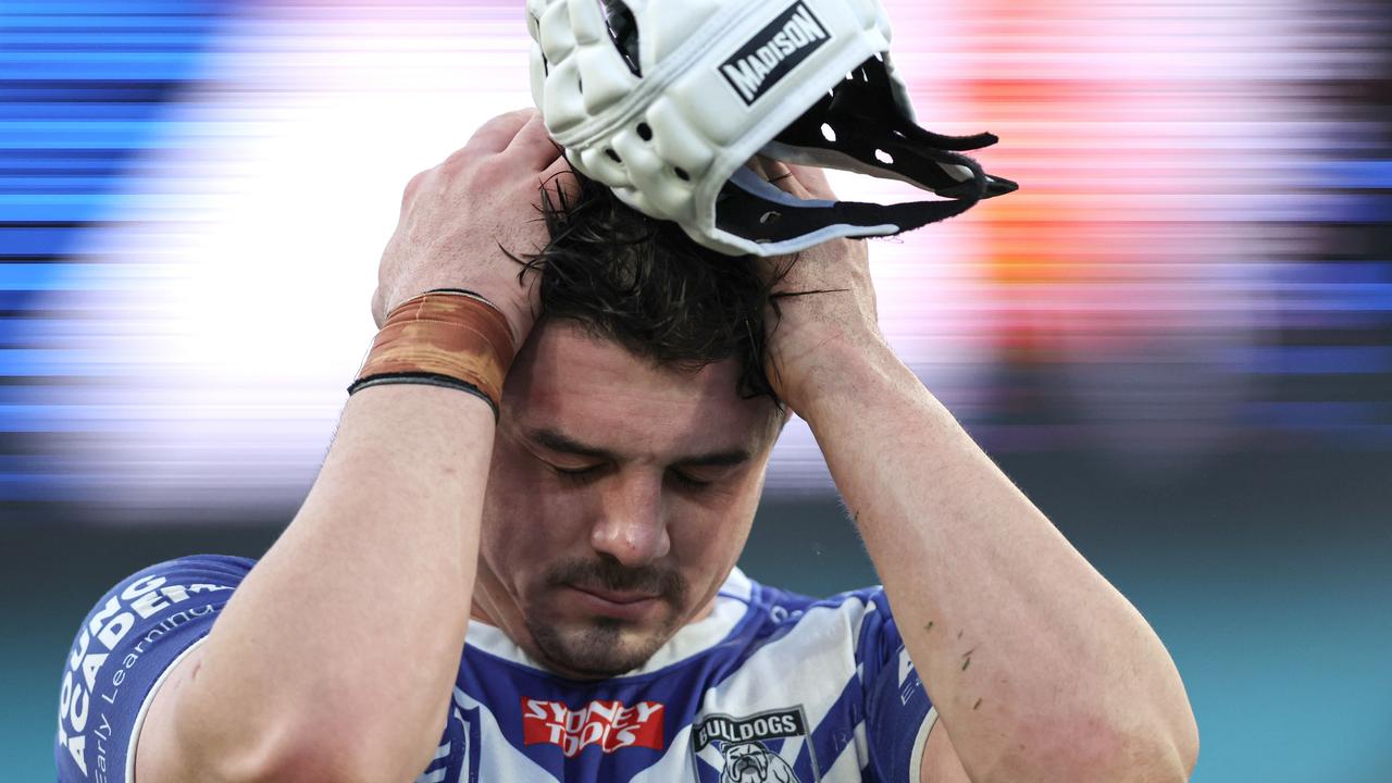 Reed Mahoney was distraught after his side’s 66-0 loss to the Knights on Sunday. Picture; Jeremy Ng/Getty Images