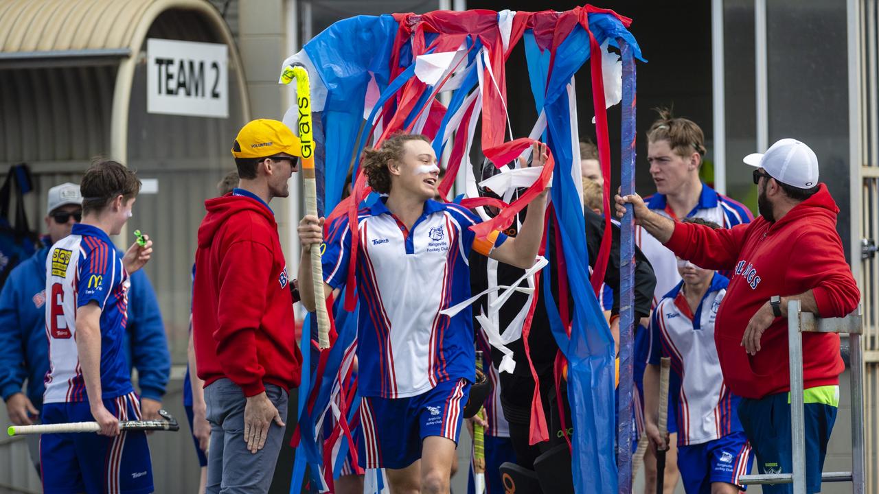 Rangeville captain Callum McCurley Ault leads the team out against Past High in J1 boys grand final hockey at Clyde Park, Saturday, September 10, 2022. Picture: Kevin Farmer