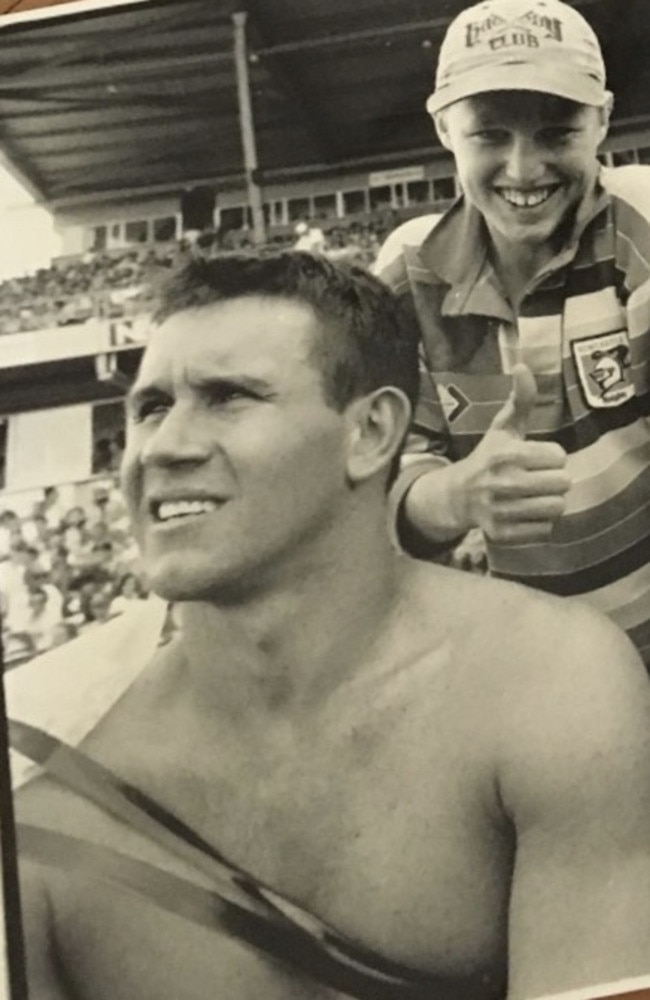 Newcastle Knights star Matt Johns and sand boy Brett Finch. Picture: Supplied