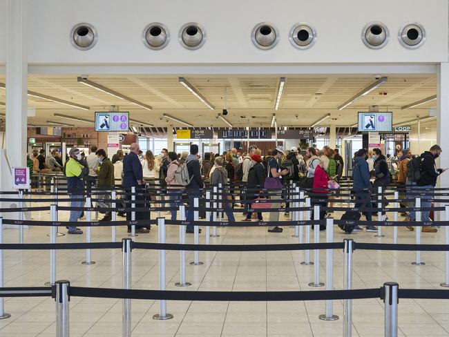 Airport security lines at Adelaide Airport, where Lisa said she underwent an ‘uncomfortable’ pat down. Picture: Matt Loxton