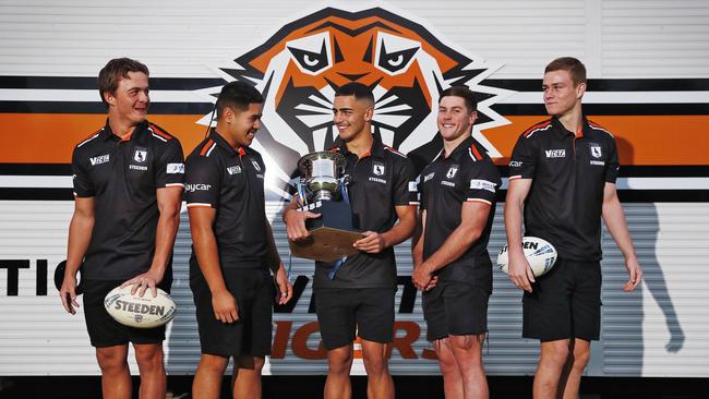 5/5/22 WEEKEND TELEGRAPH SPECIAL. MUST NOT USE BEFORE CLEARING WITH PIC EDITOR  ROHAN KELLY- Wests Tigers Harold Matthews Cup winners L to R Will Craig, Jeremiah Leatigaga, Tallyn Da Silva, Heath Mason and Lachlan Galvin pictured. Picture: Sam Ruttyn