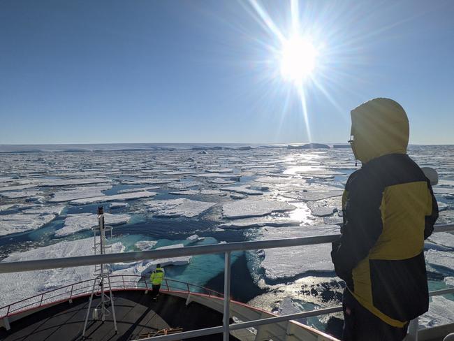 Expeditioner Karina Acton looks out across the sea ice towards the Antarctic continent as L'Astrolabe travels between Commonwealth Bay and Dumont d'Urville Station. Picture: David Killick