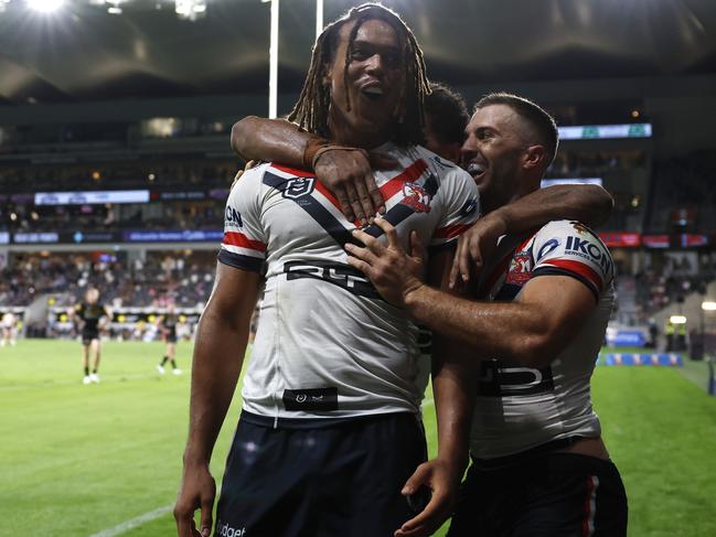 SYDNEY, AUSTRALIA - MARCH 14: Dominic Young of the Roosters celebrates a try during the round two NRL match between Penrith Panthers and Sydney Roosters at CommBank Stadium, on March 14, 2025, in Sydney, Australia. (Photo by Darrian Traynor/Getty Images)