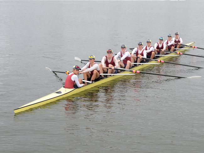 The Southport School will compete in Head of the River next week. The crew on the water. (front to back left to right) coxman Cameron Vele, Zach Nixon, Mackenzie Branch, Lachie Wright, Harry Ward, Baxter Stewart, Grant Callaghan, Kai Dittmar, Dylan Kennedy. Picture: Lawrence Pinder