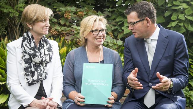 Family Violence Minister Fiona Richardson (left) with Ms Batty and Premier Daniel Andrews.