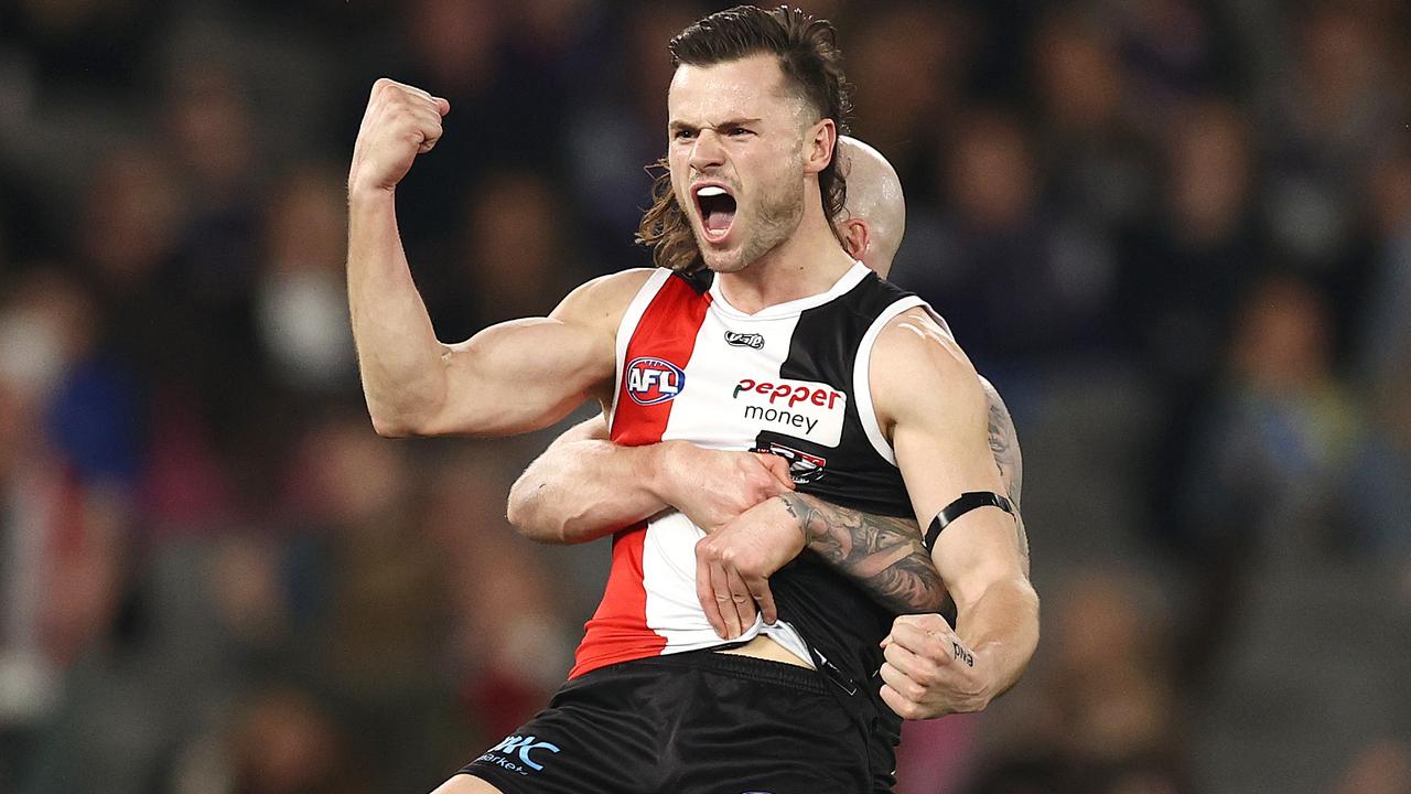 Jack Sinclair celebrates a second quarter goal in one of the rare hightlights for the Saints. Picture: Michael Klein