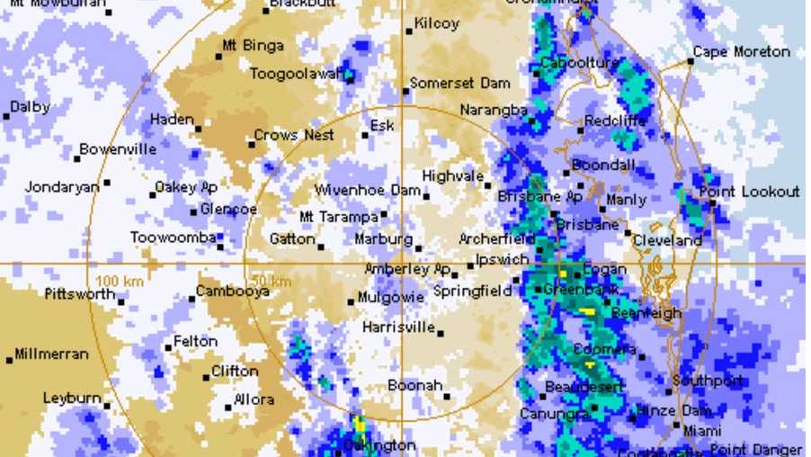 The Bureau of Meteorology Marburg radar showing a severe weather event in south-east Queensland on March 30, 2017, 9am.