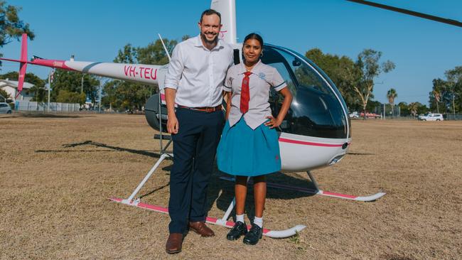 Gunggandji Aerospace managing director Daniel Joinbee and Kunjurra Yeatman-Noble, a Year 12 student at Kirwan State High School who is originally from Yarrabah. Gunggandji Aerospace is a 100 per cent Aboriginal and veteran-owned aerospace company. NRL Cowboys House is a culturally safe boarding house that provides a home-away-from-home for over 100 young people from some of Australia’s most remote communities, enabling them to attend secondary school in Townsville. Picture: Josephine Carter Photography