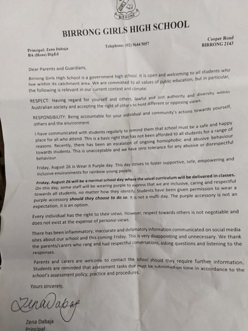 A photo of one of the letters sent to parents.