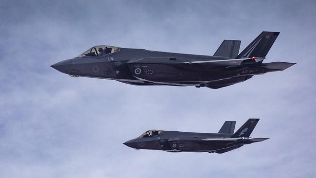 Two Royal Australian Air Force F-35 Lightning II aircraft over the Northern Territory military exercises.