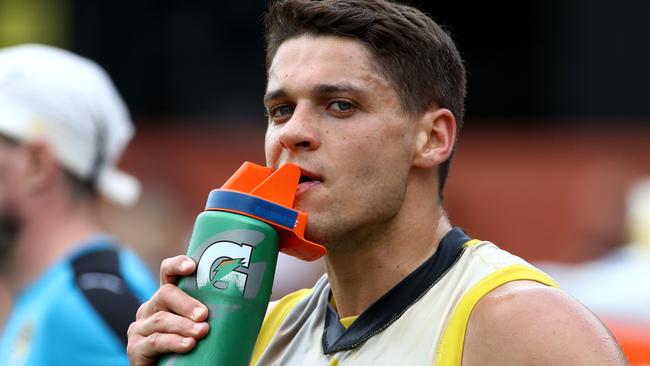 Dion Prestia catches his breath during his comeback game. Picture: Mark Dadswell