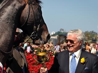 04/11/2008 NEWS: 2008 Melbourne Cup, Flemington Racecourse - Cups King Bart Cummings with viewed and jockey Blake Shinn.