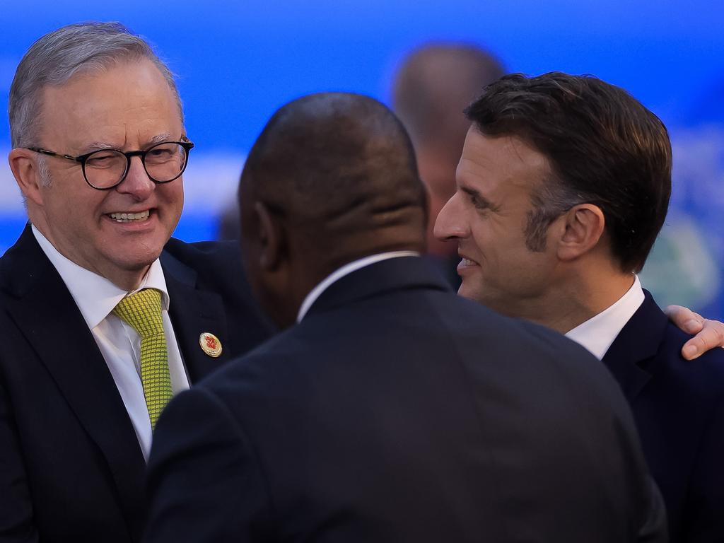 Anthony Albanese, Cyril Ramaphosa president of South Africa and Emmanuel Macron president of France talk as part of the G20 Summit 2024 at Museu de Arte Moderna in Rio de Janeiro, Brazil. Picture: Getty Images