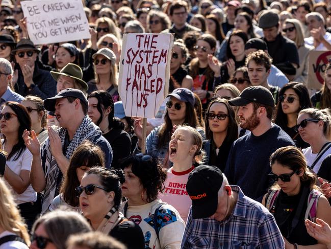 People gather at Federation Square to rally against gender-based violence. Picture: Getty Images