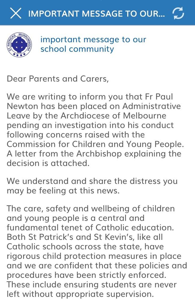 The message sent to parents by St Patrick’s and St Kevin’s school principals on Sunday evening.