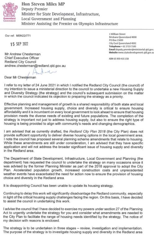 In a letter to Redland chief executive Andrew Chesterman, Mr Miles said he had no alternative but to take over the council’s housing planning as its current policy was based on 2006 population data and did not provide for housing diversity.