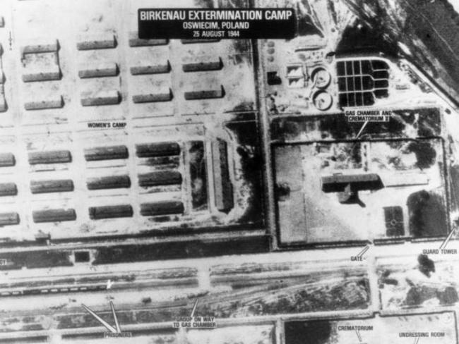 An aerial photo taken by the South African pilots from a reconnaissance unit of SAAF on August 25, 1944. Western part of the unloading ramp is visible, as well as crematories II and III and part of the camp. Picture: Auschwitz.org