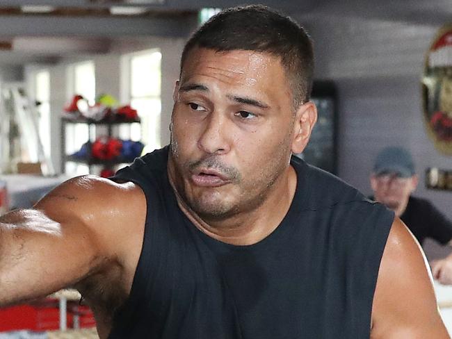 Justin Hodges sparring before he heads to Sydney for his professional debut. photographed with his trainer Gareth Williams.  Pic Peter Wallis