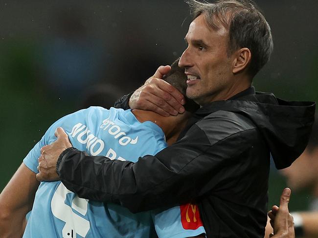 MELBOURNE, AUSTRALIA - MARCH 12: Nuno Reis of Melbourne City celebrates with Melbourne City head coach Aurelio Vidmar after scoring a goal during the A-League Men round 12 match between Melbourne City and Western Sydney Wanderers at AAMI Park, on March 12, 2024, in Melbourne, Australia. (Photo by Daniel Pockett/Getty Images) (Photo by Daniel Pockett/Getty Images)