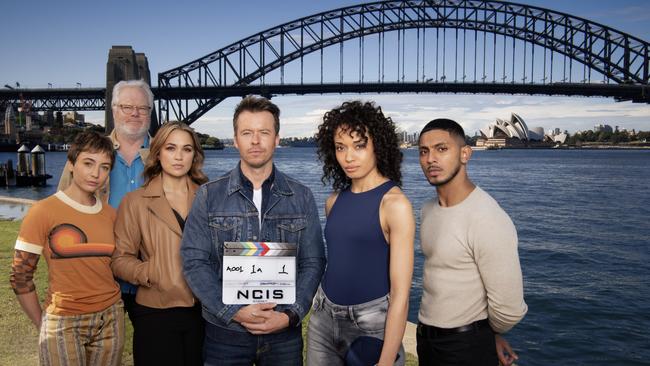 NCIS: SYDNEY, including Todd Lasance (centre) and from left, Mavournee Hazel, William McInnes, Tuuli Narkle, Olivia Swann and Sean Sagar. Picture: Daniel Asher Smith