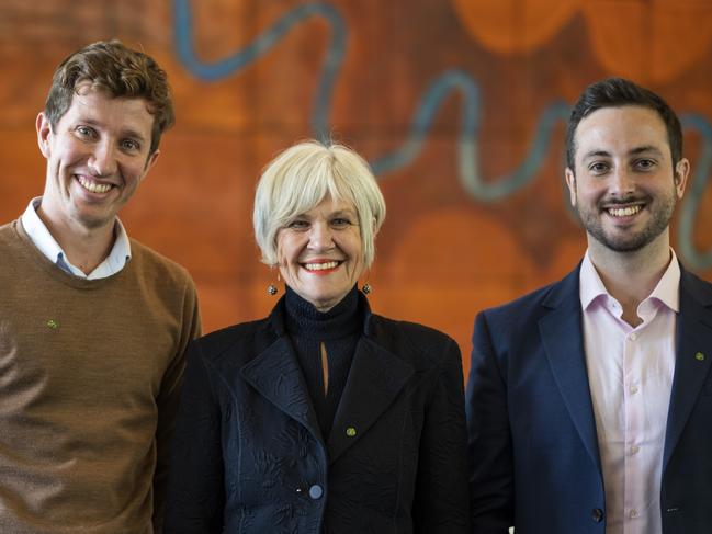 The new Queensland Greens MPs: Max Chandler-Mather for Griffith, Elizabeth Watson-Brown for Ryan and Stephen Bates for Brisbane at Parliament House on Tuesday. Picture: NCA NewsWire / Martin Ollman