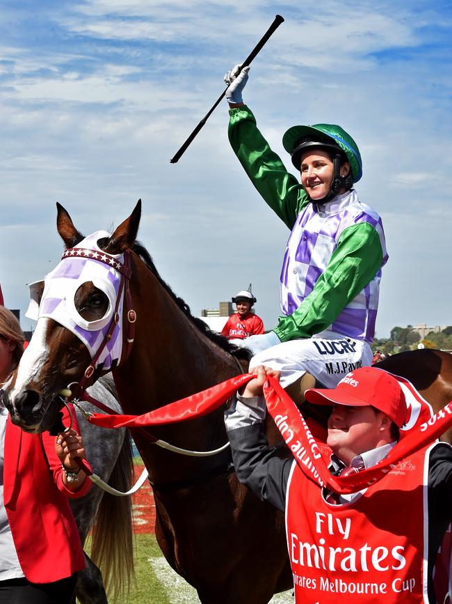 Michelle Payne winning the Melbourne Cup on Prince of Penzance inspired a new generation of female jockeys. Picture: Jay Town