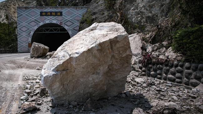 Dislodged boulders at the Chongte tunnel in Hualien. Picture: AFP