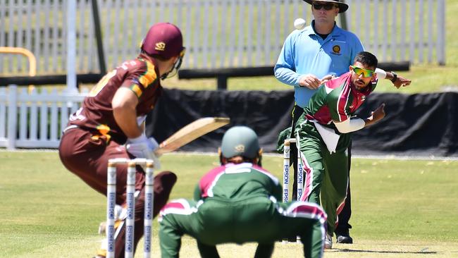 Souths bowler Aryan Jain Ipswich V Souths T20 game. Saturday December 4, 2021. Picture, John Gass