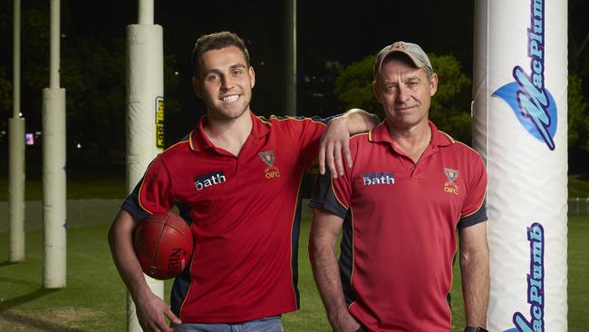 Old Ignatians footballer Sam Boots with coach and dad Damian Boots. Their club has started 2022 in style after winning the 2021 division two flag. Picture: MATT LOXTON