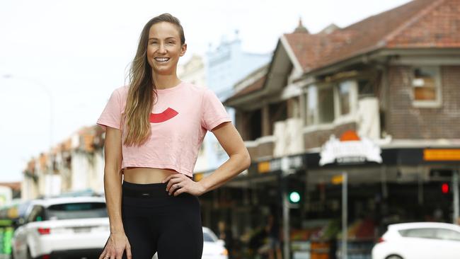 Libby Babet outside her "The Upbeat" Fitness studio in Bondi is currently filming online sessions after closing due to COVID-19. Picture: John Appleyard