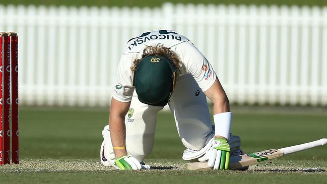 Pucovski after been struck on the helmet during an international tour match between Australia A and India A in Sydney in 2020.