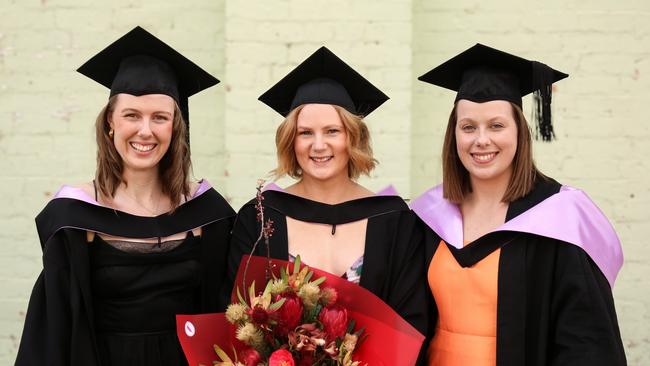 Master of Physiology graduates Jacinta Magor, Molly Duigan, and Zoephia Kaminski at the University of Tasmania 2024 Winter Graduations ceremony in Launceston. Picture: Stephanie Dalton