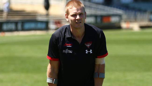 Michael Hurley on crutches as he battled a severe leg infection. Picture: Getty Images