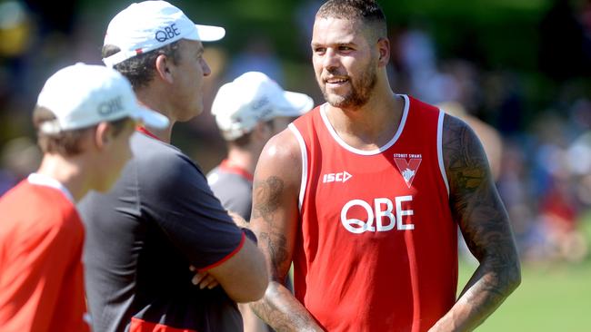 Lance Franklin chats to coach John Longmire at Sydney training. Picture: Jeremy Piper