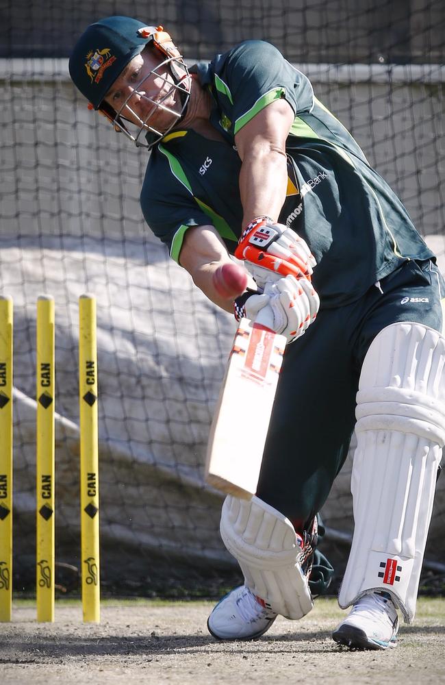 David Warner bats right handed at Australian training. Picture: Wayne Ludbey.