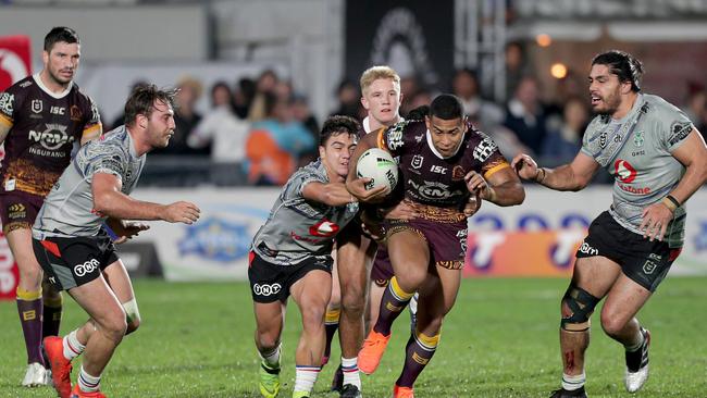 Jamayne Isaako of the Broncos is chased by Kodi Nikorima of the Warriors during the Round 11 NRL match between the New Zealand Warriors and the Brisbane Broncos at Mt Smart Stadium in Auckland, Saturday, May 25, 2019. (AAP Image/David Rowland) NO ARCHIVING, EDITORIAL USE ONLY