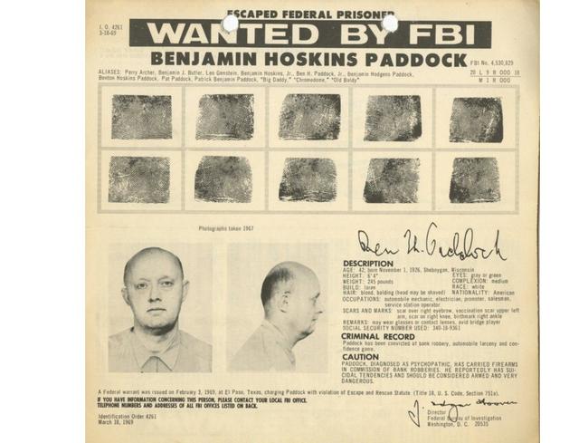 The 1969 wanted poster for Stephen’s Paddock’s father Benjamin — also known as “Big Daddy” and “Old Baldy”.