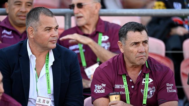 Manly-Warringah Sea Eagles coach Anthony Seibold and assistantShane Flanagan. Picture: NRL Photos