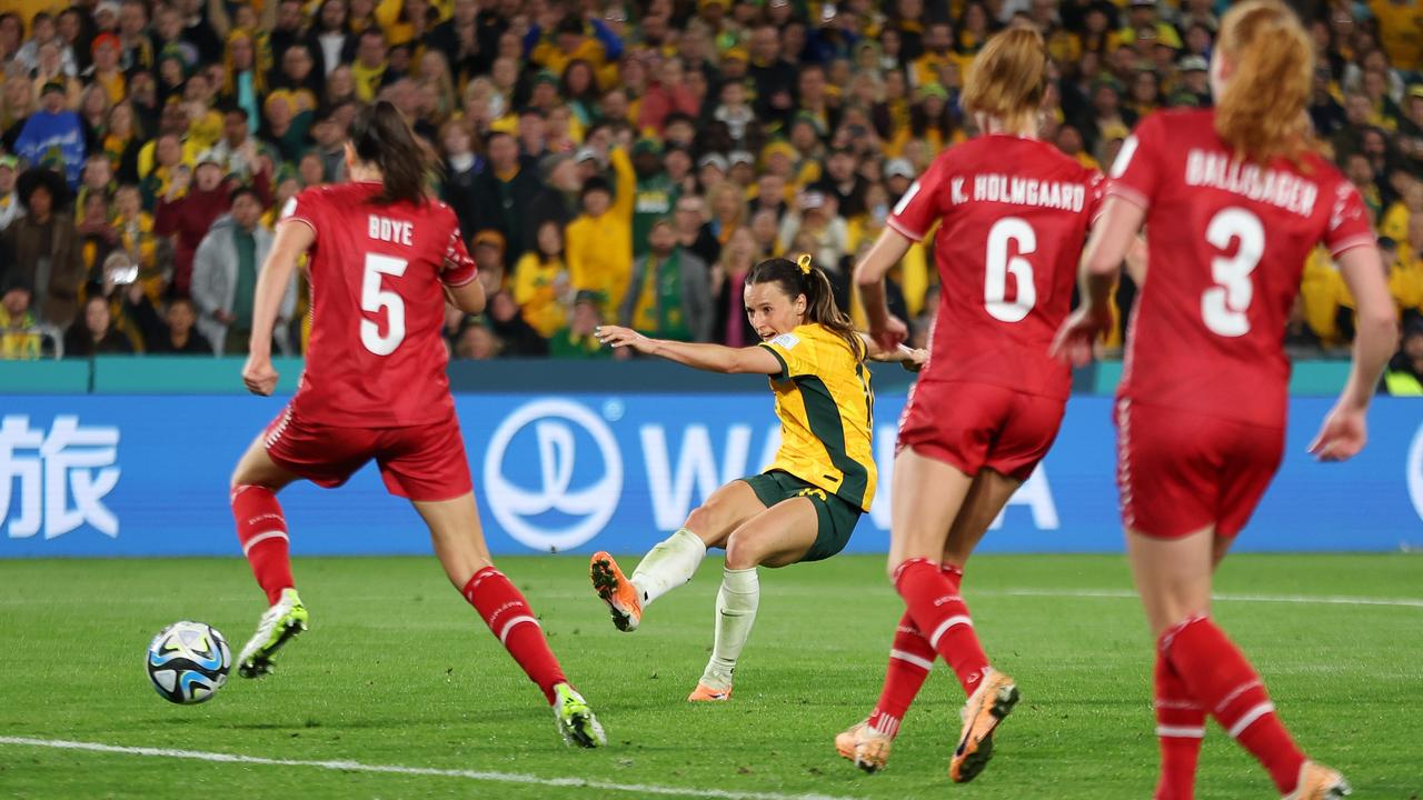 Raso scores her team's second goal against Denmark. Picture: Cameron Spencer/Getty Images)