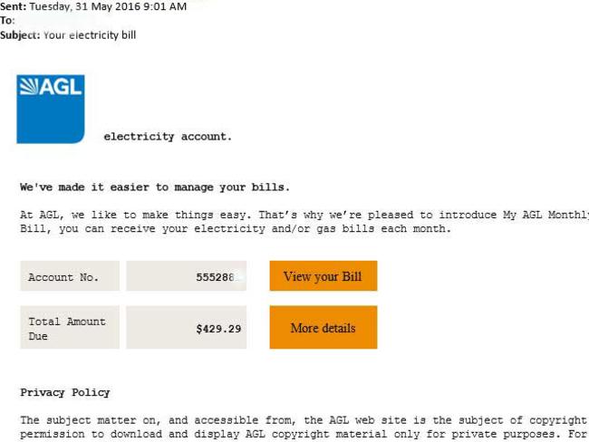 Australians falling victim to fake AGL energy bills in virus scam