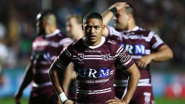 Manase Fainu of the Sea Eagles warms up prior to the First NRL Elimination Final between the Manly Sea Eagles and the Cronulla Sharks at Lottoland in Sydney, Saturday, September 14, 2019. (AAP Image/Brendon Thorne) NO ARCHIVING, EDITORIAL USE ONLY