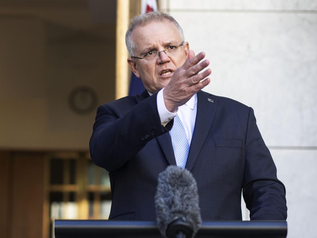 Prime Minister Scott Morrison at Parliament House in Canberra, talking about the future of Jobseeker and JobKeeper programs. Picture: Gary Ramage