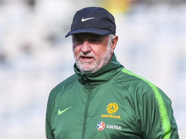 Socceroos coach Graham Arnold reacts during an Australian Socceroos training session at GIO Stadium in Canberra, Wednesday, October 9, 2019. (AAP Image/Lukas Coch) NO ARCHIVING