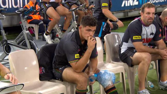 Nathan Cleary sits on the sidelines with a knee injury.