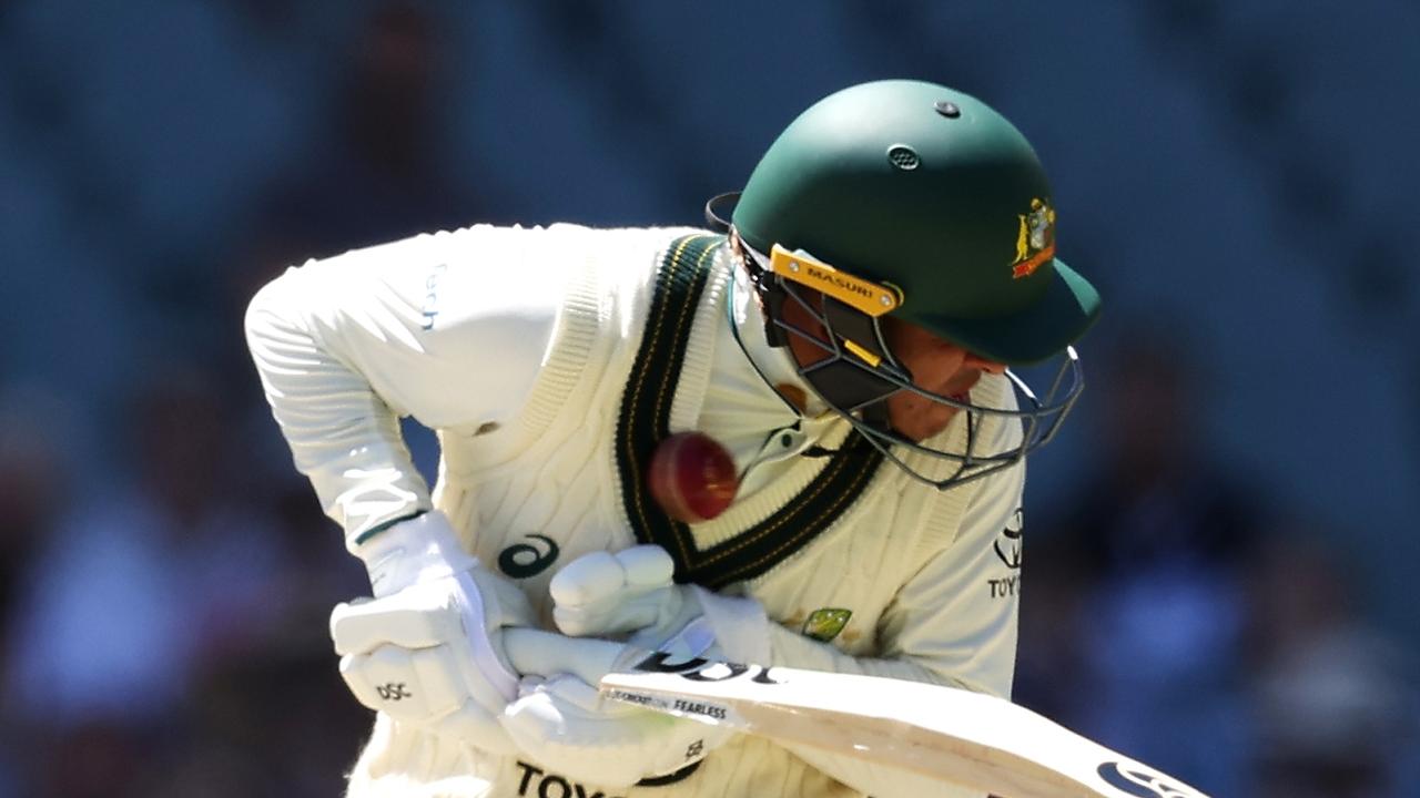 Usman Khawaja being struck by a well-directed bouncer from Shamar Joseph. Picture: Paul Kane/Getty Images.